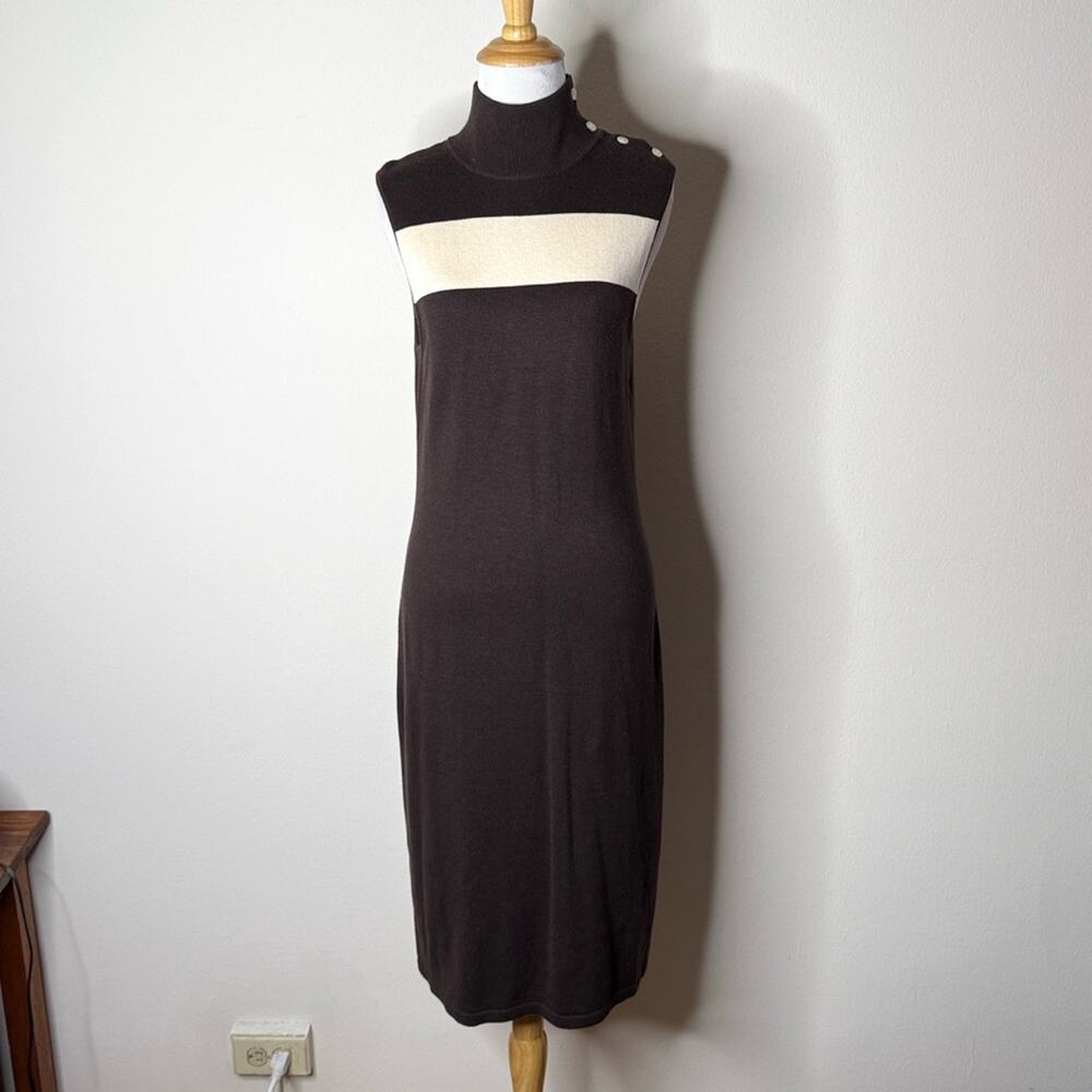 Lauren Ralph Lauren Brown Silk Knit Lavella Button Colorblock Sheath Dress